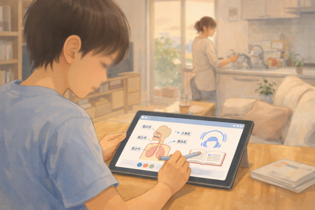 家庭学習教材天神で子どもが1人で勉強する様子
