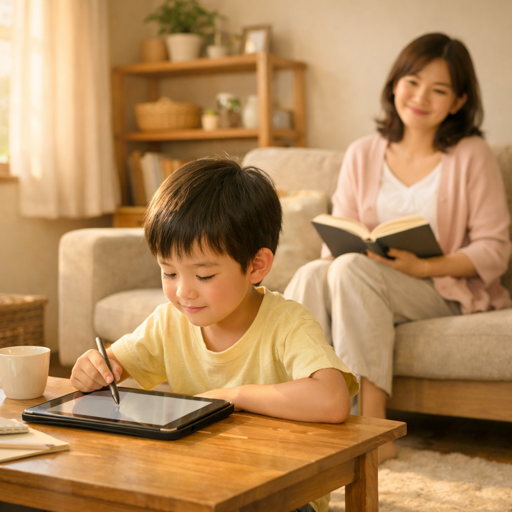 学習教材天神を使った家庭学習のイメージ｜自宅で学ぶ小学生とママ