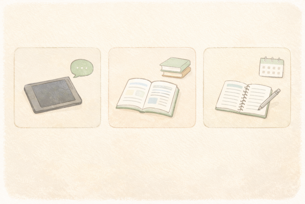 天神と他の家庭学習教材を比較して検討するイメージ