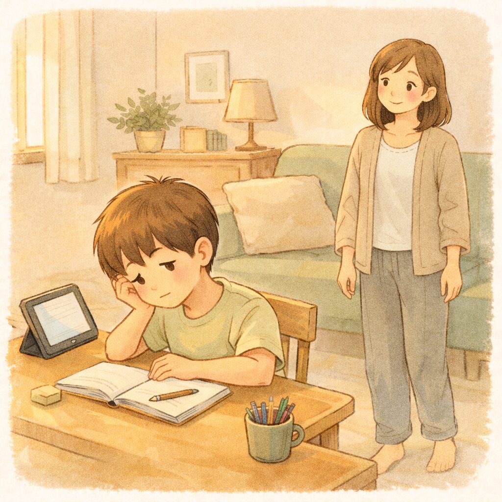 家でなかなか勉強しない子どもと少し困ったママの家庭学習の悩みイメージ