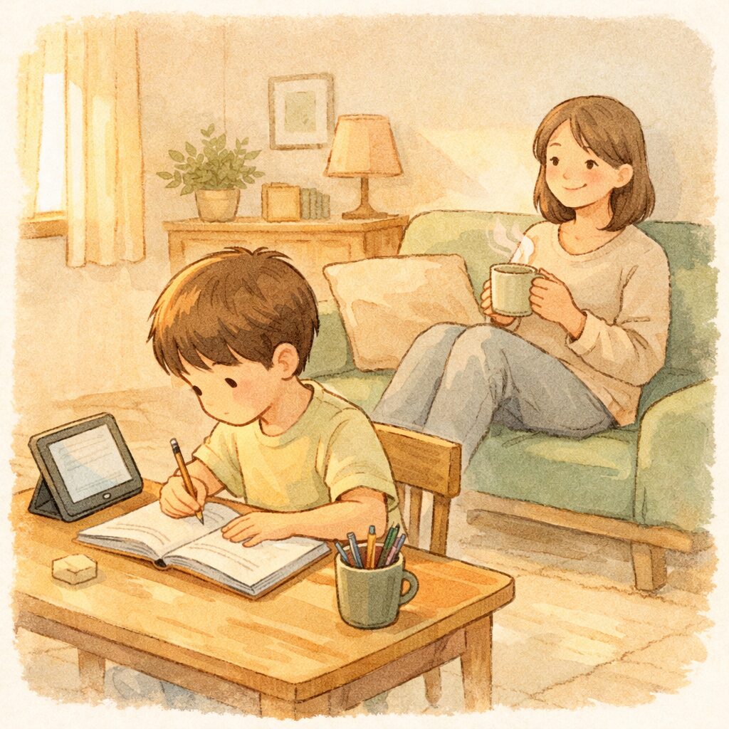 自宅で小学生が落ち着いて家庭学習しているイメージ