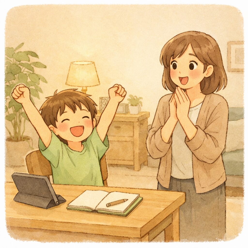 子どもが一人で勉強を終えてママが安心している家庭学習シーン