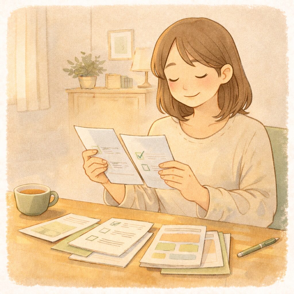 学習教材の資料を確認して安心しているママのイメージ|資料請求前の検討シーン