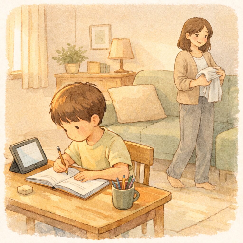 自宅で小学生が落ち着いて家庭学習している様子｜家庭学習の理想イメージ