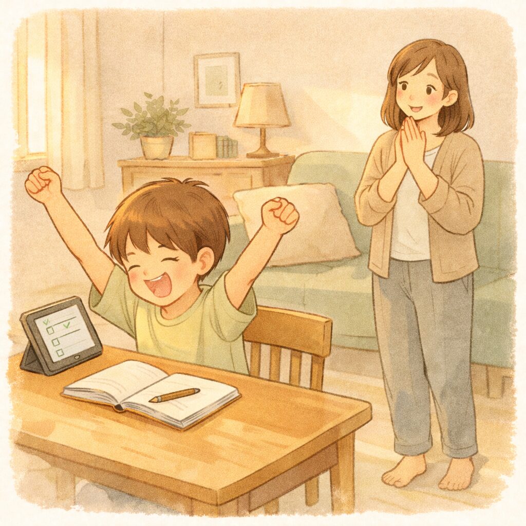 子どもが一人で勉強を終えてママが安心している家庭学習成功シーン