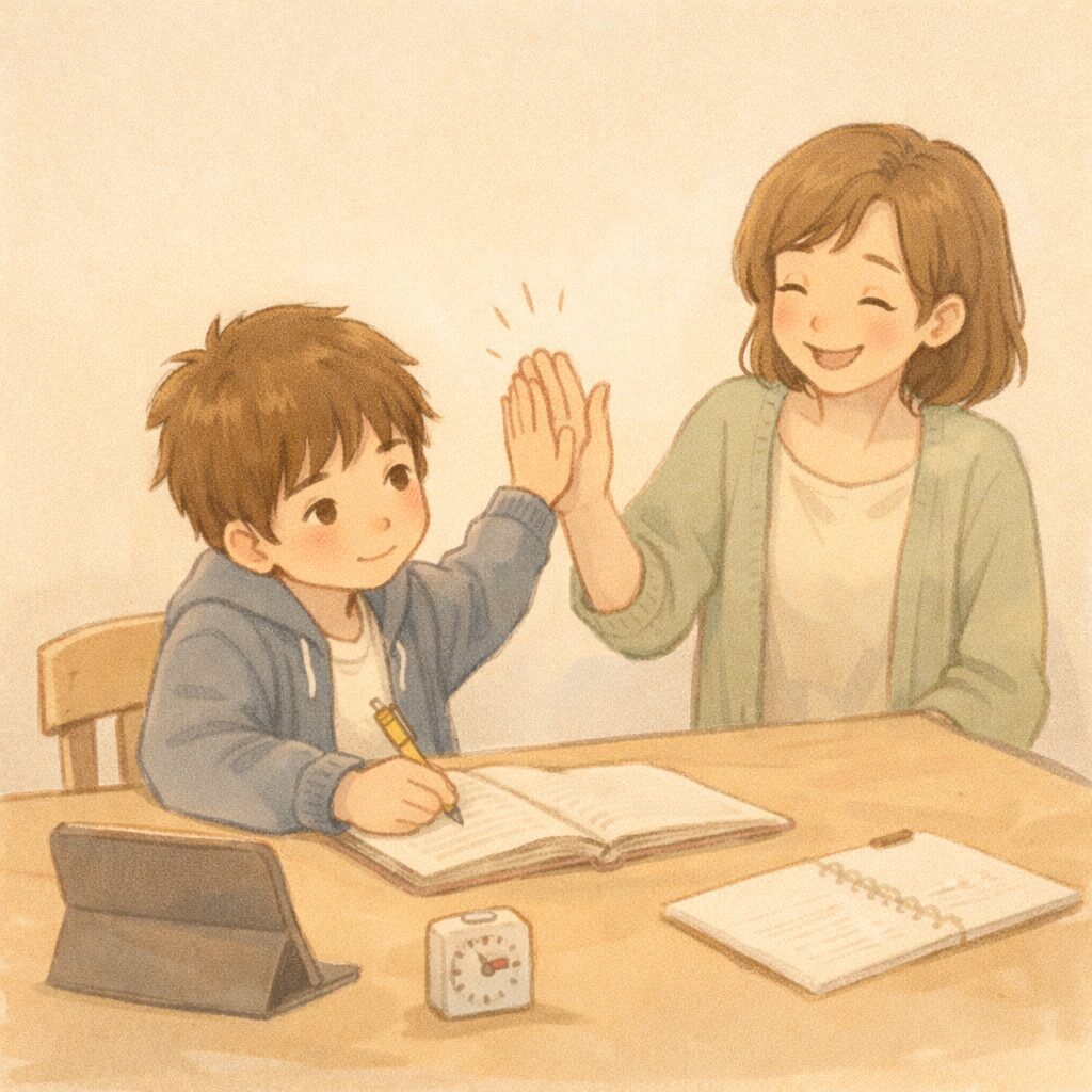 親が教えなくても小学生が自分で家庭学習を進めている様子