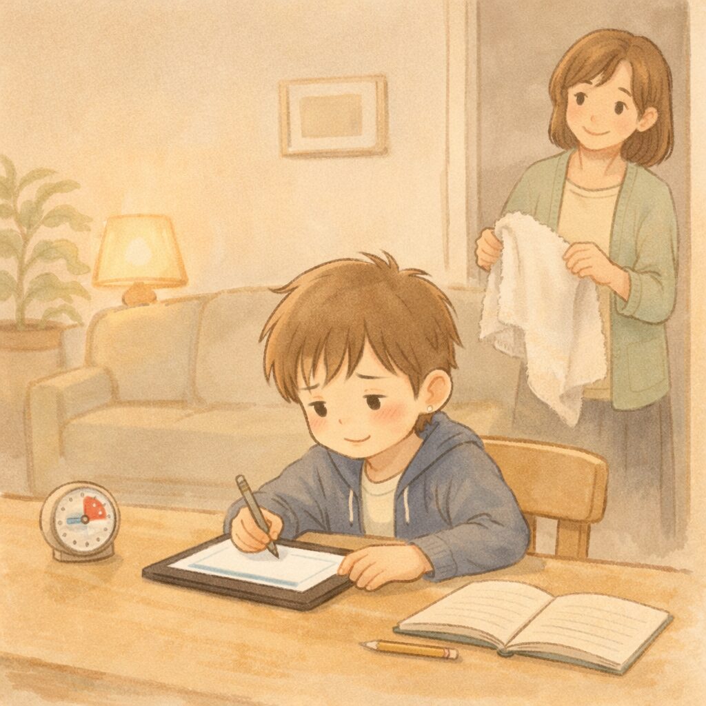 短時間学習で集中して勉強する小学生と安心して見守る親の様子