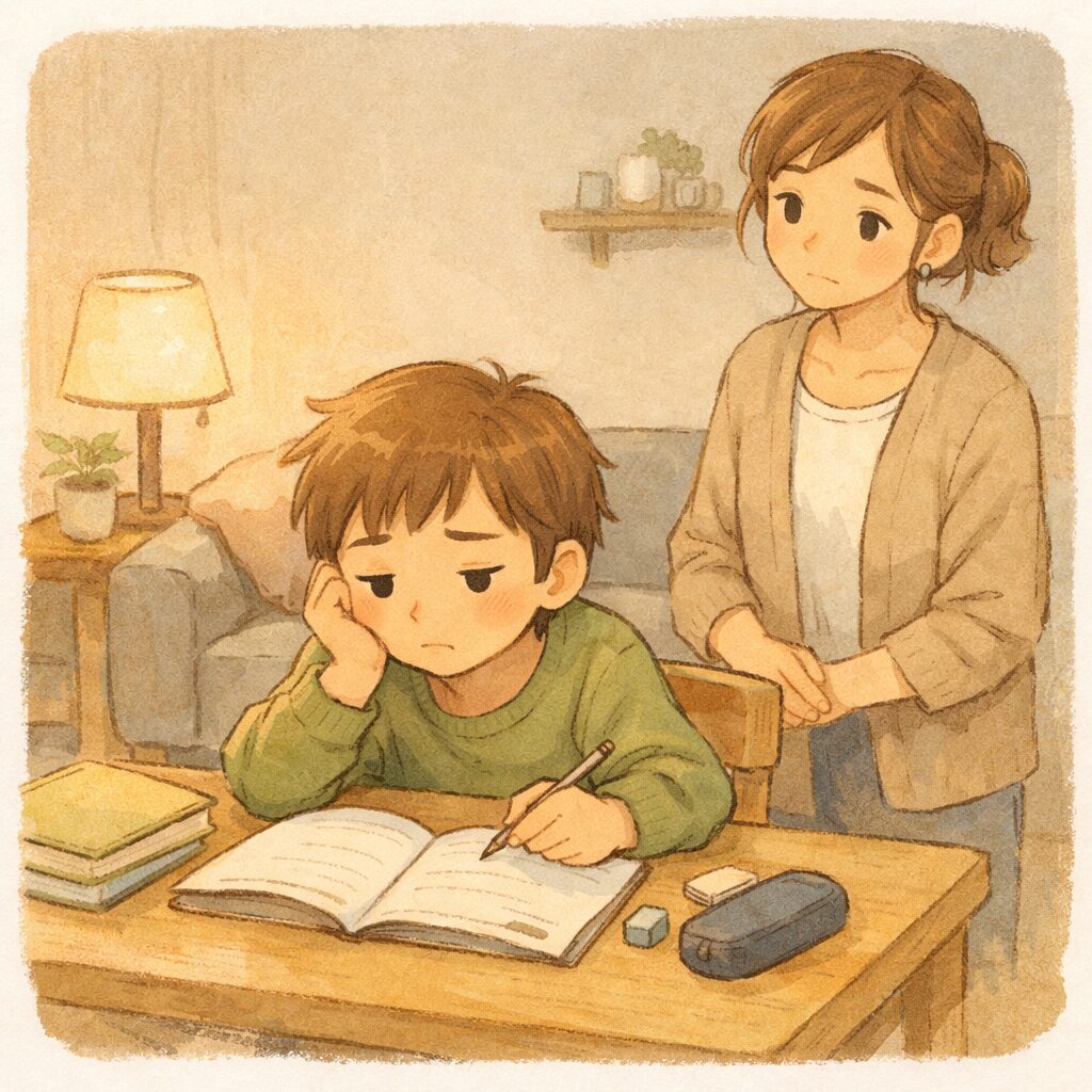家庭学習の長時間勉強や親の負担で疲れている親子の様子
