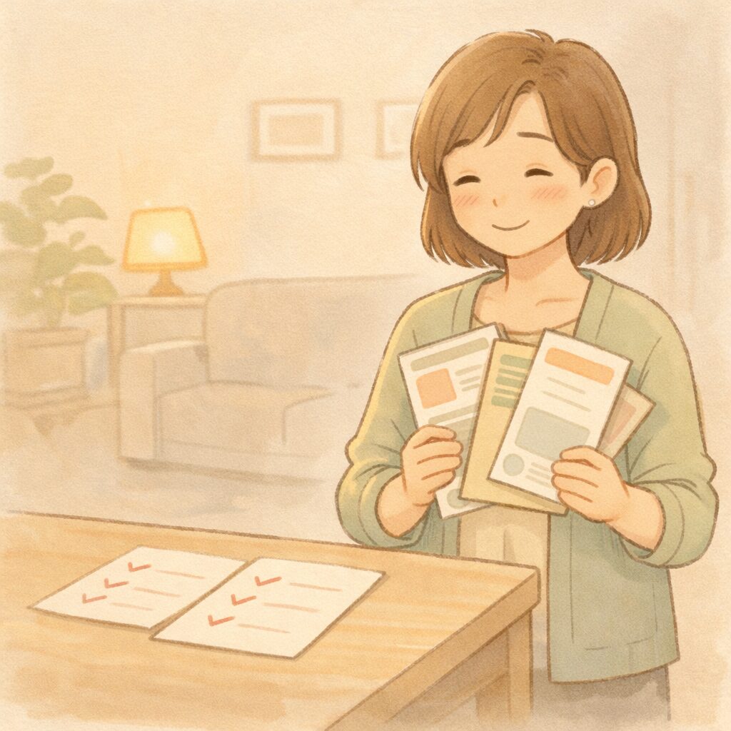 家庭学習教材の資料を確認して安心する母親のイメージ