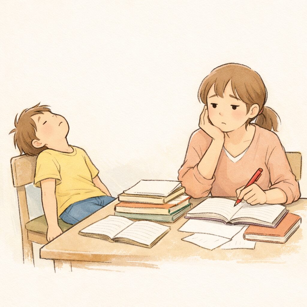 家庭学習が続かず宿題に集中できない小学生を見守る母親のイメージ