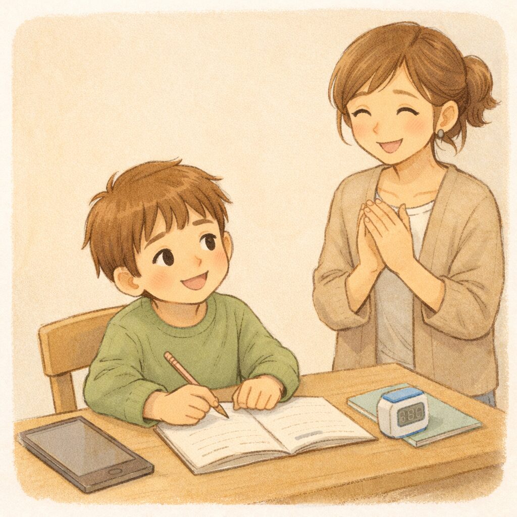 短時間学習で集中して勉強し親に褒められている小学生の家庭学習風景