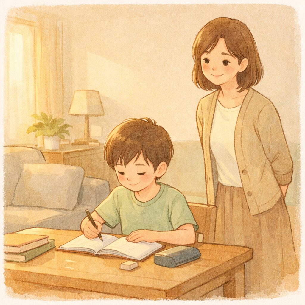 不登校の小学生が自宅で安心して学習している様子 天神で家庭学習を見守る母親のイメージ