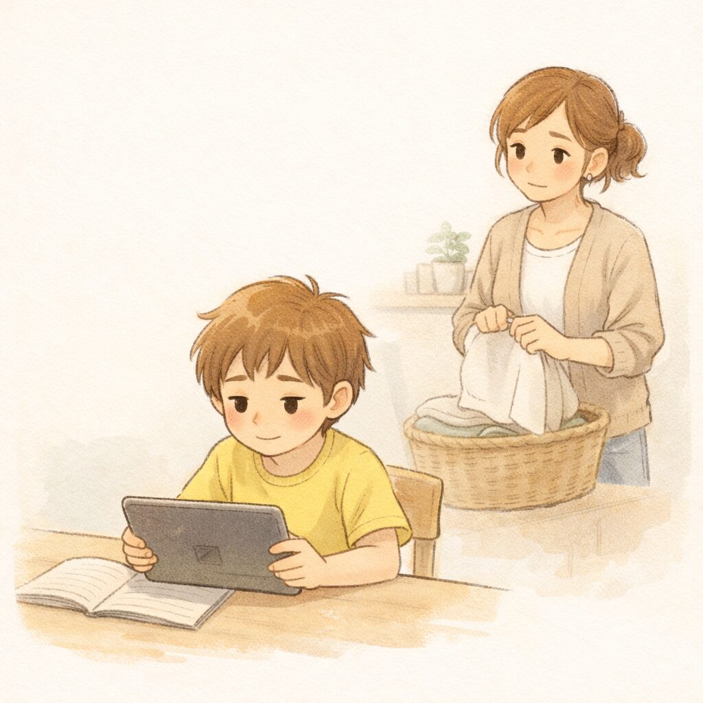 親が教えなくても小学生が自分で家庭学習を進めている様子