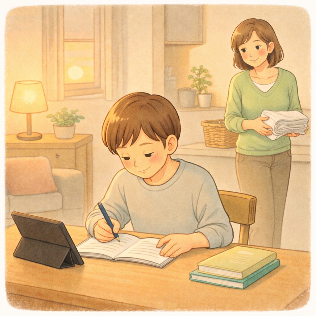 天神で自宅学習をしている小学生と見守る親のイメージ 家庭でも無理なく続く学習風景