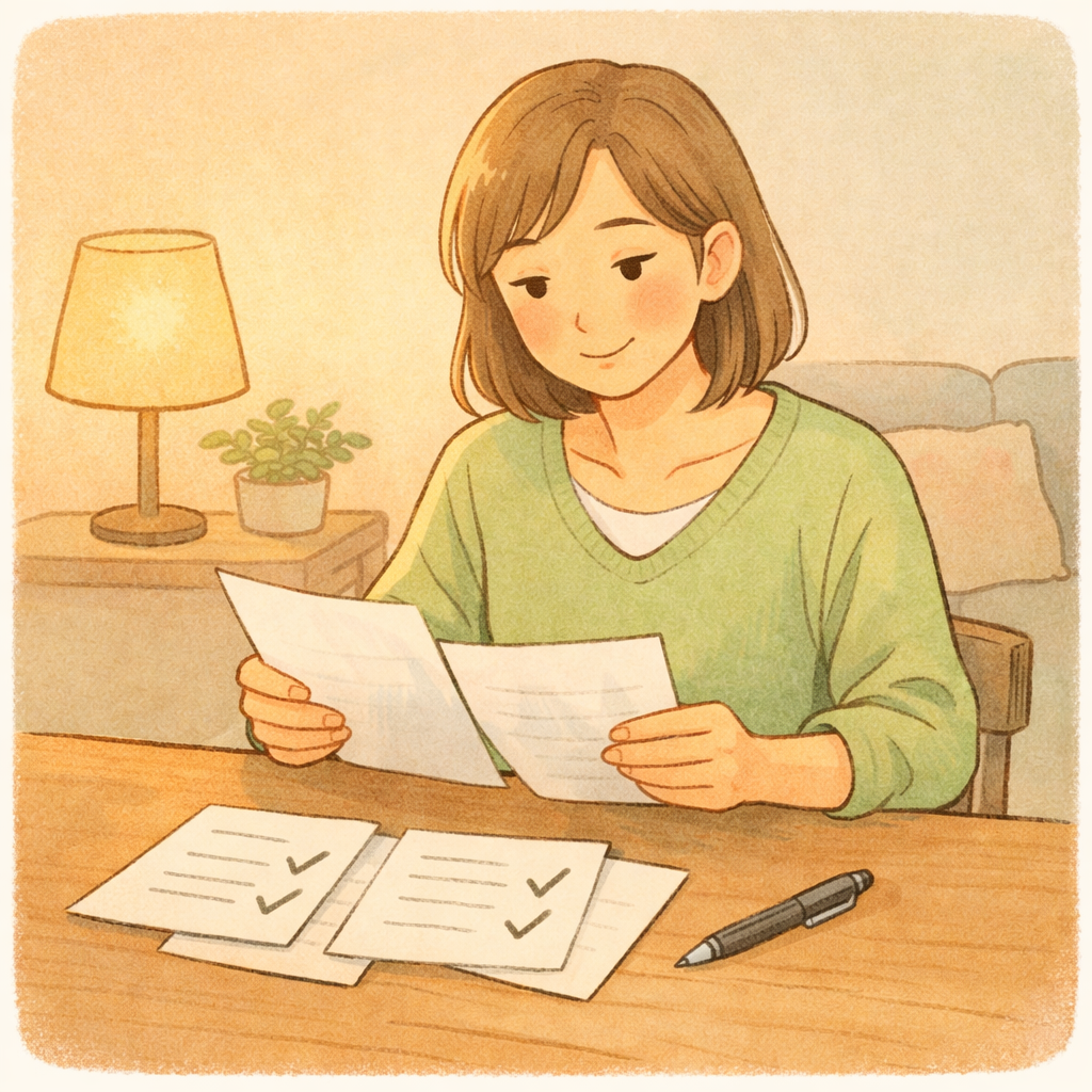 学習教材天神の資料請求を検討する母親のイメージ 家庭学習を自宅で確認している様子