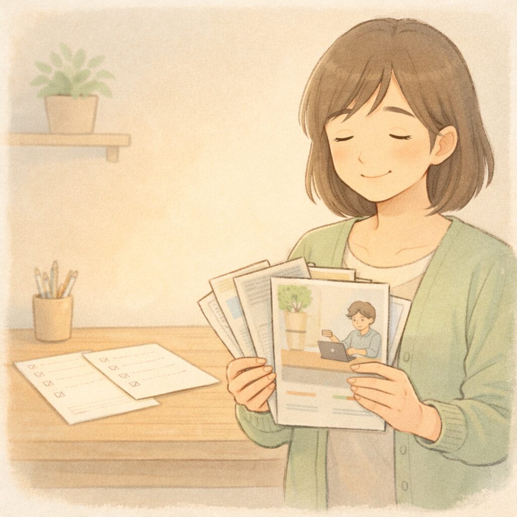 天神の無料資料請求の内容を確認して安心して検討している保護者のイメージ