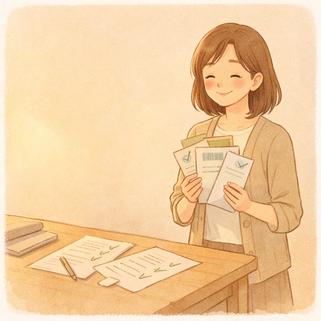 天神の資料請求内容を確認して安心している母親のイメージ 無料で検討できる様子