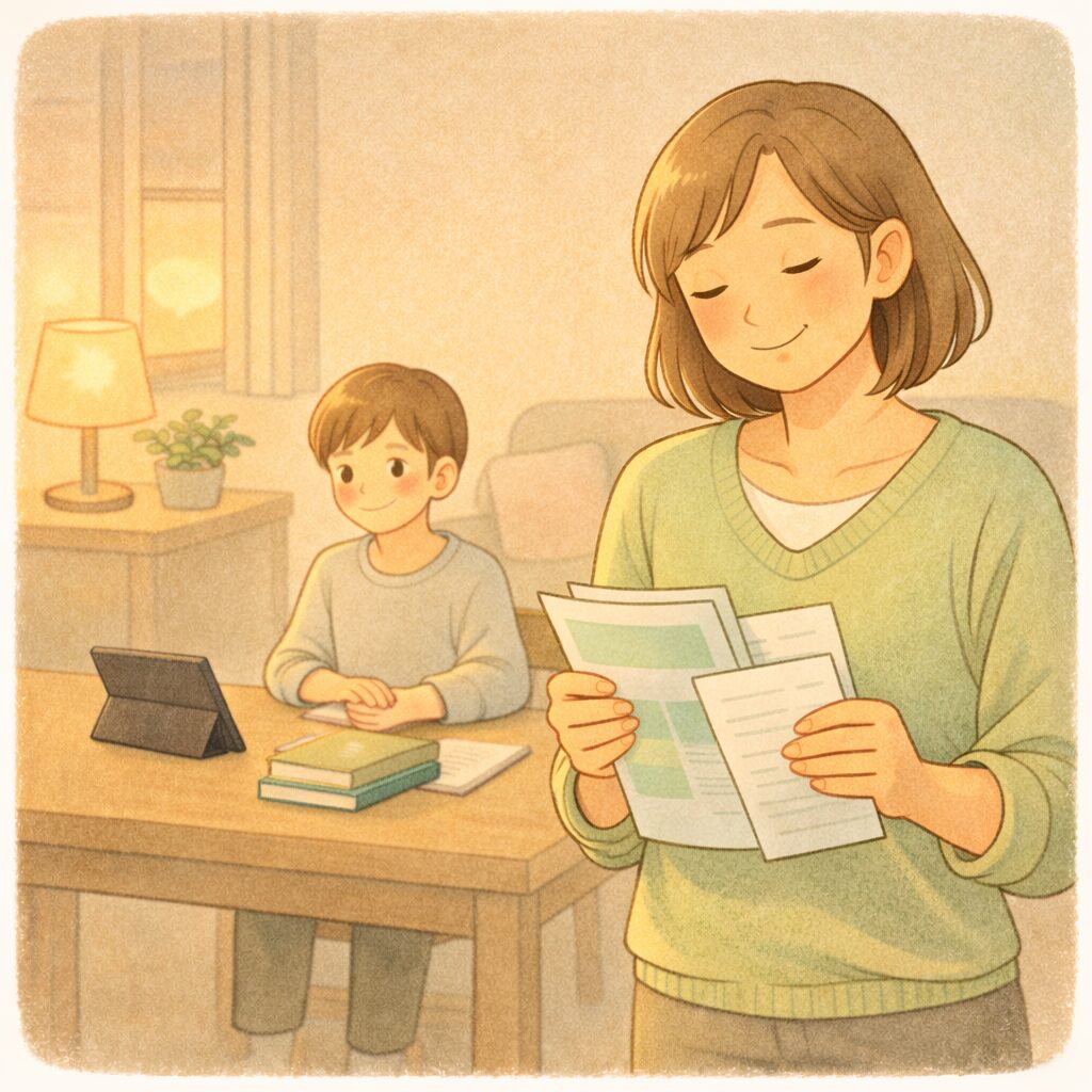 天神の自宅学習が続きそうだと安心して検討する親子のイメージ