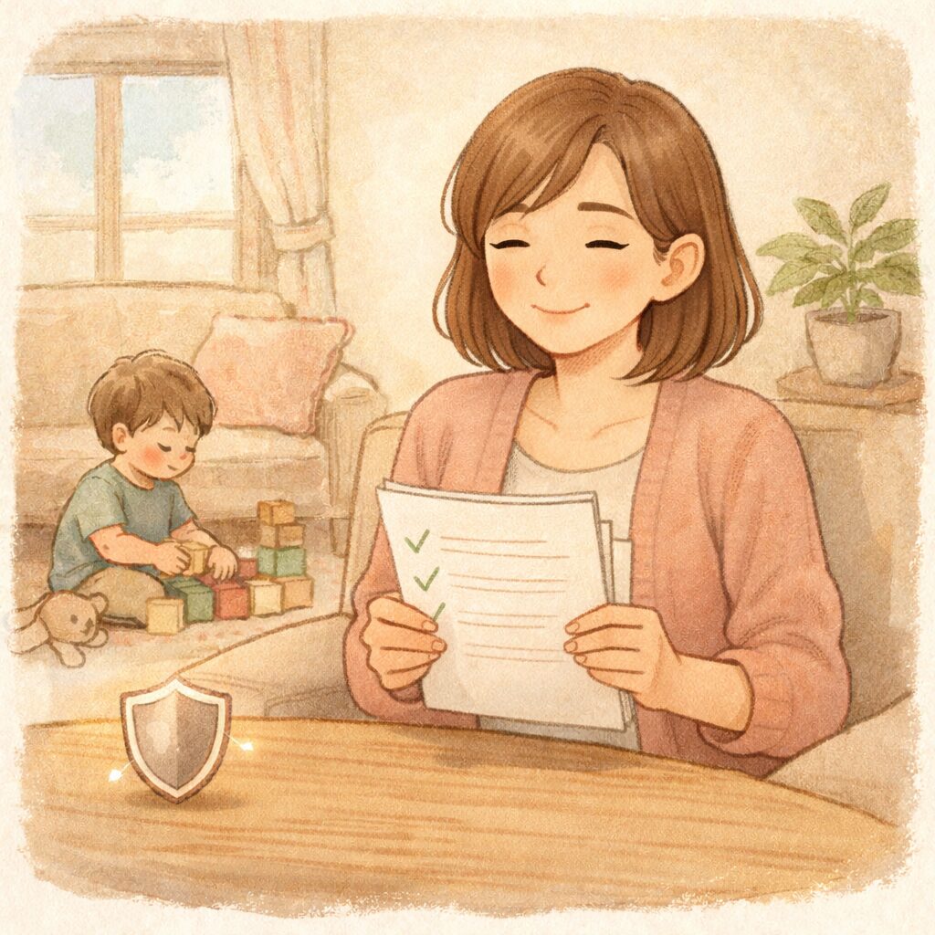 養育費が払われず悩みながらも書類を整理して解決を考えるシングルマザーのイラスト