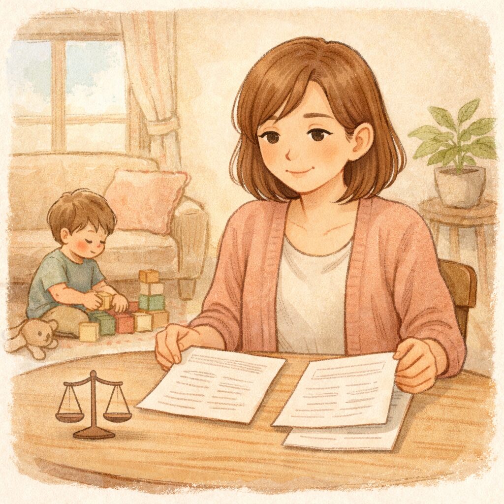 養育費保証サービスで養育費保証サービスを比較しながら冷静に検討しているシングルマザーのイラスト