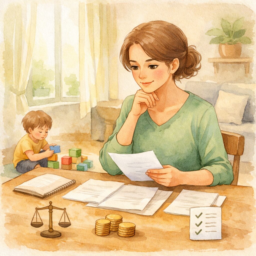 養育費の仕組みや手続きを整理するために書類を確認するシングルマザーのイラスト