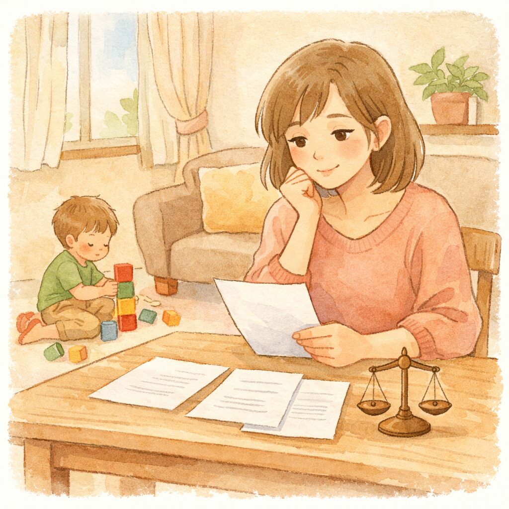 養育費の相場や受け取り方を整理するシングルマザーのイラスト
