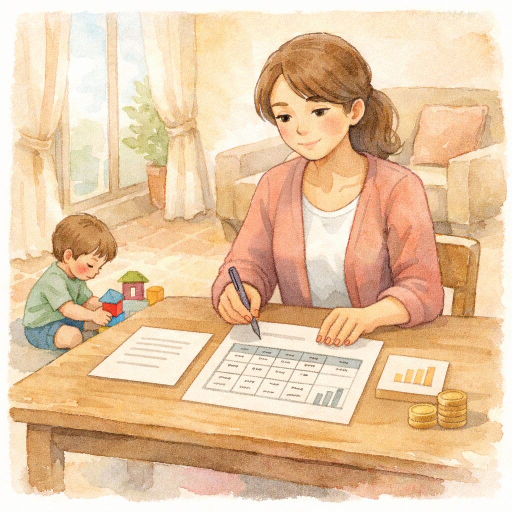 養育費算定表を確認するシングルマザーのイラスト